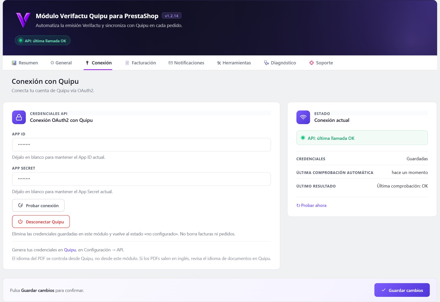 Tutorial del módulo Quipu para PrestaShop: instalación y uso paso a paso 3 Módulo Quipu PrestaShop — Pestaña Conexión con Quipu (OAuth2).
