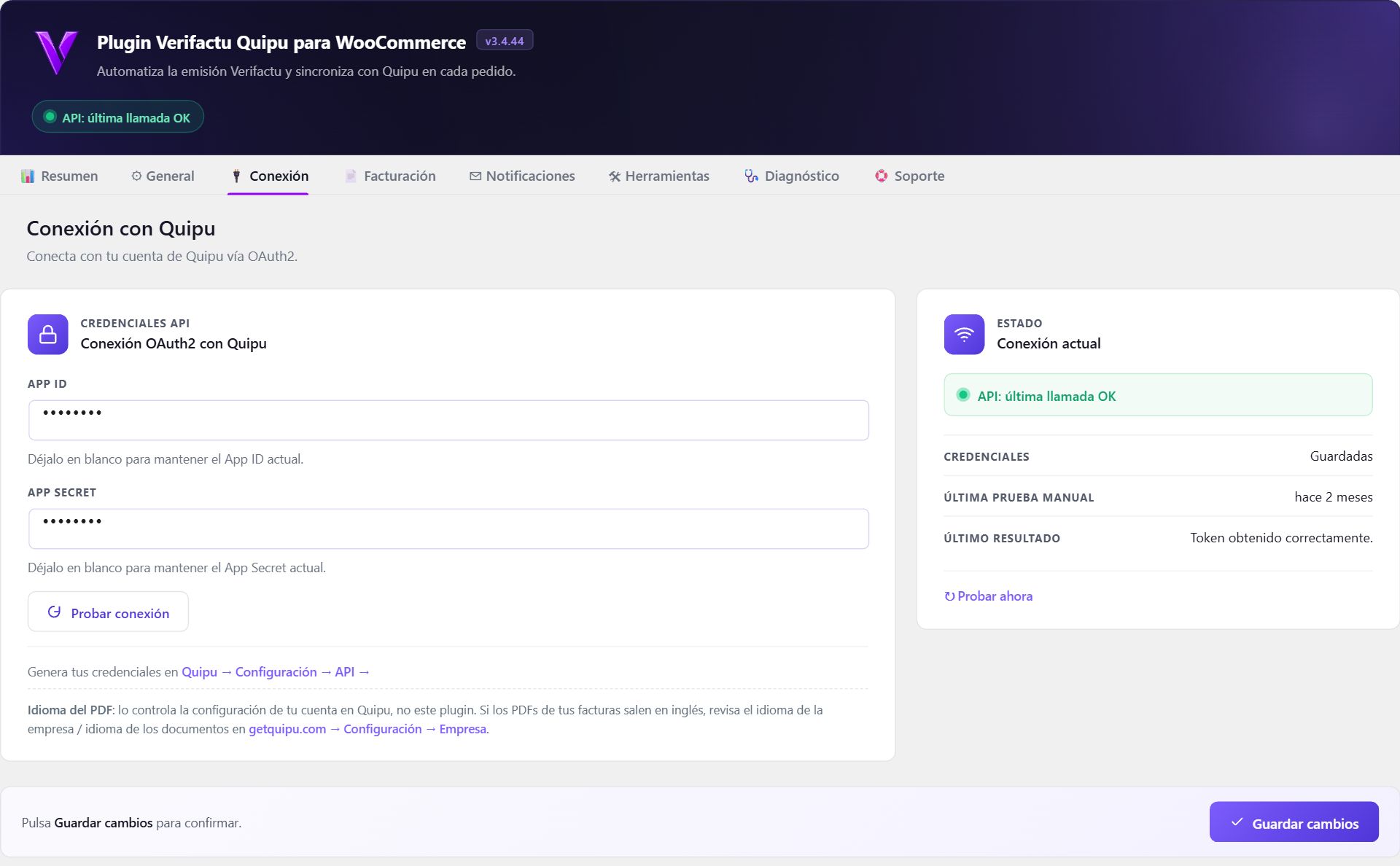 Tutorial del plugin Quipu para WooCommerce: instalación y uso paso a paso 2 Plugin Quipu WooCommerce — Pestaña Conexión con Quipu.