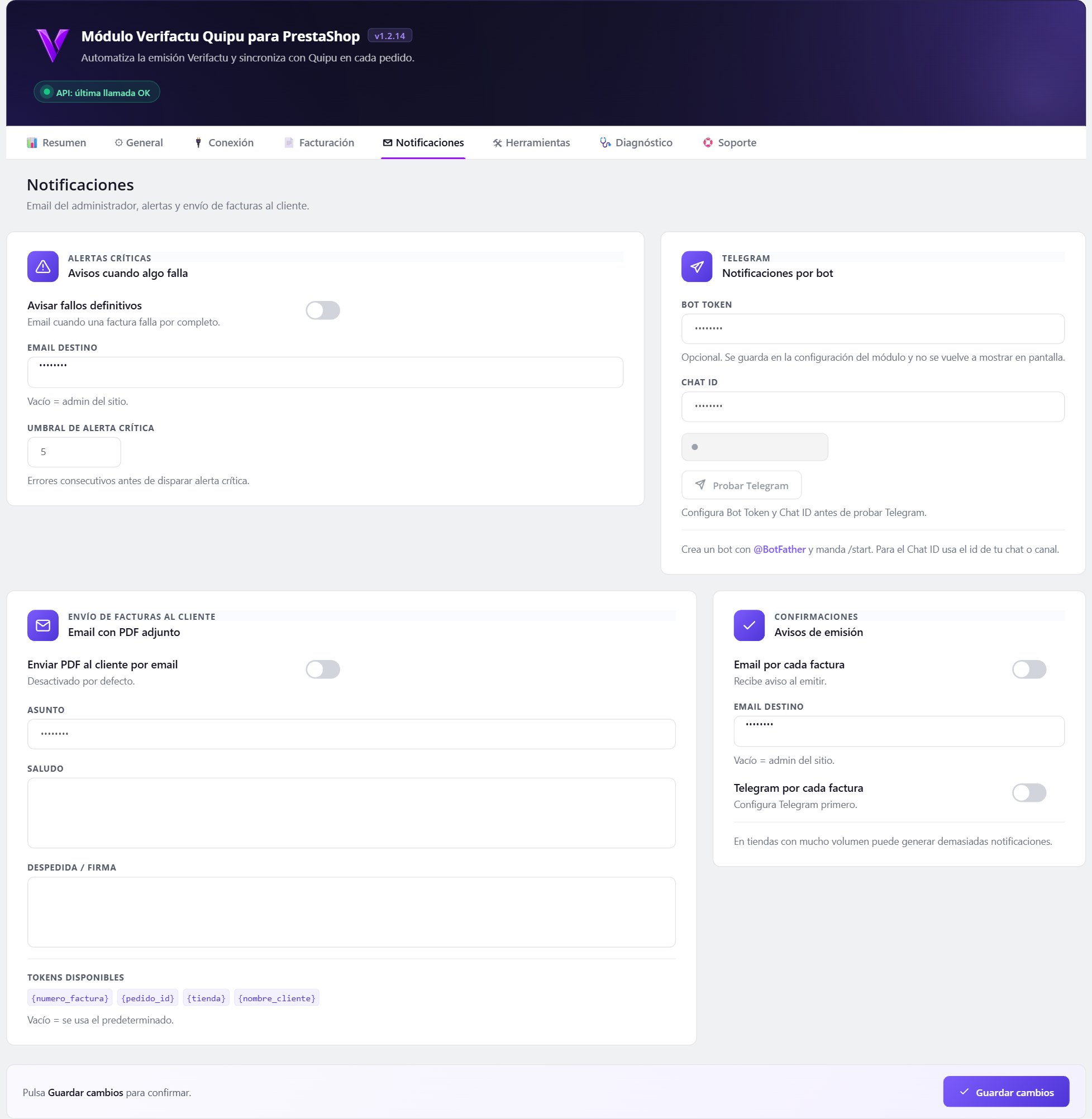 Tutorial del módulo Quipu para PrestaShop: instalación y uso paso a paso 5 Módulo Quipu PrestaShop — Pestaña Notificaciones.