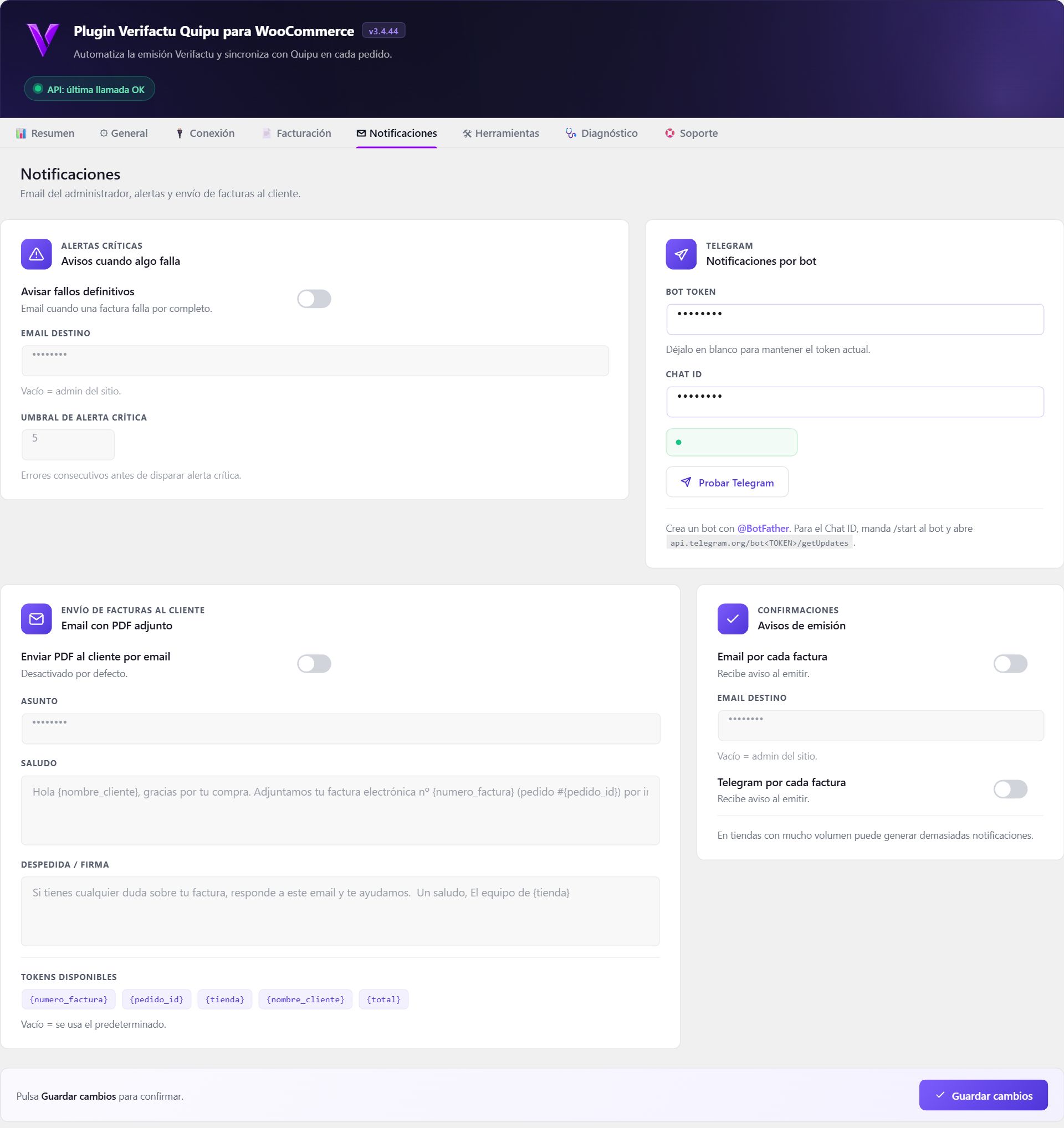 Tutorial del plugin Quipu para WooCommerce: instalación y uso paso a paso 4 Plugin Quipu WooCommerce — Pestaña Notificaciones.