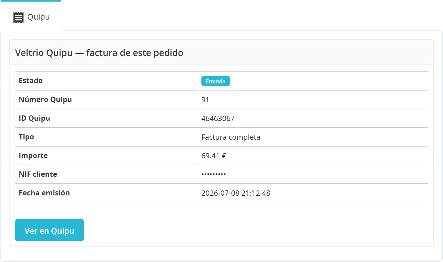 Tutorial del módulo Quipu para PrestaShop: instalación y uso paso a paso 6 Módulo Quipu PrestaShop — Pestaña Quipu del pedido, con la factura ya emitida por Quipu.