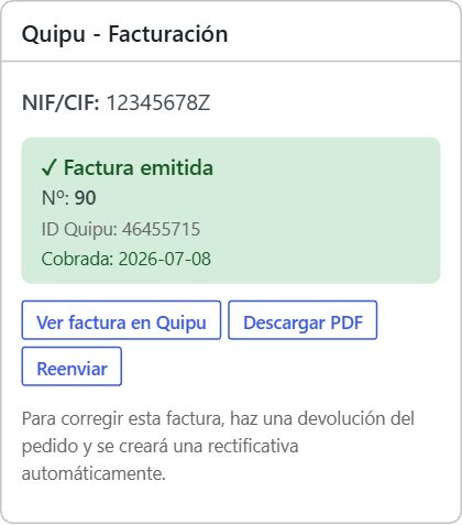Tutorial del plugin Quipu para WooCommerce: instalación y uso paso a paso 6 Plugin Quipu WooCommerce — La misma caja, con la factura ya emitida por Quipu.