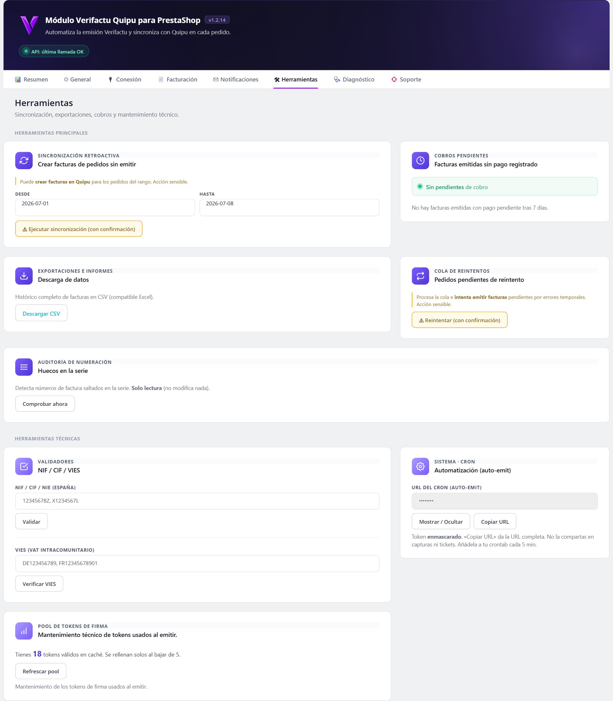 Tutorial del módulo Quipu para PrestaShop: instalación y uso paso a paso 7 Módulo Quipu PrestaShop — Pestaña Herramientas.