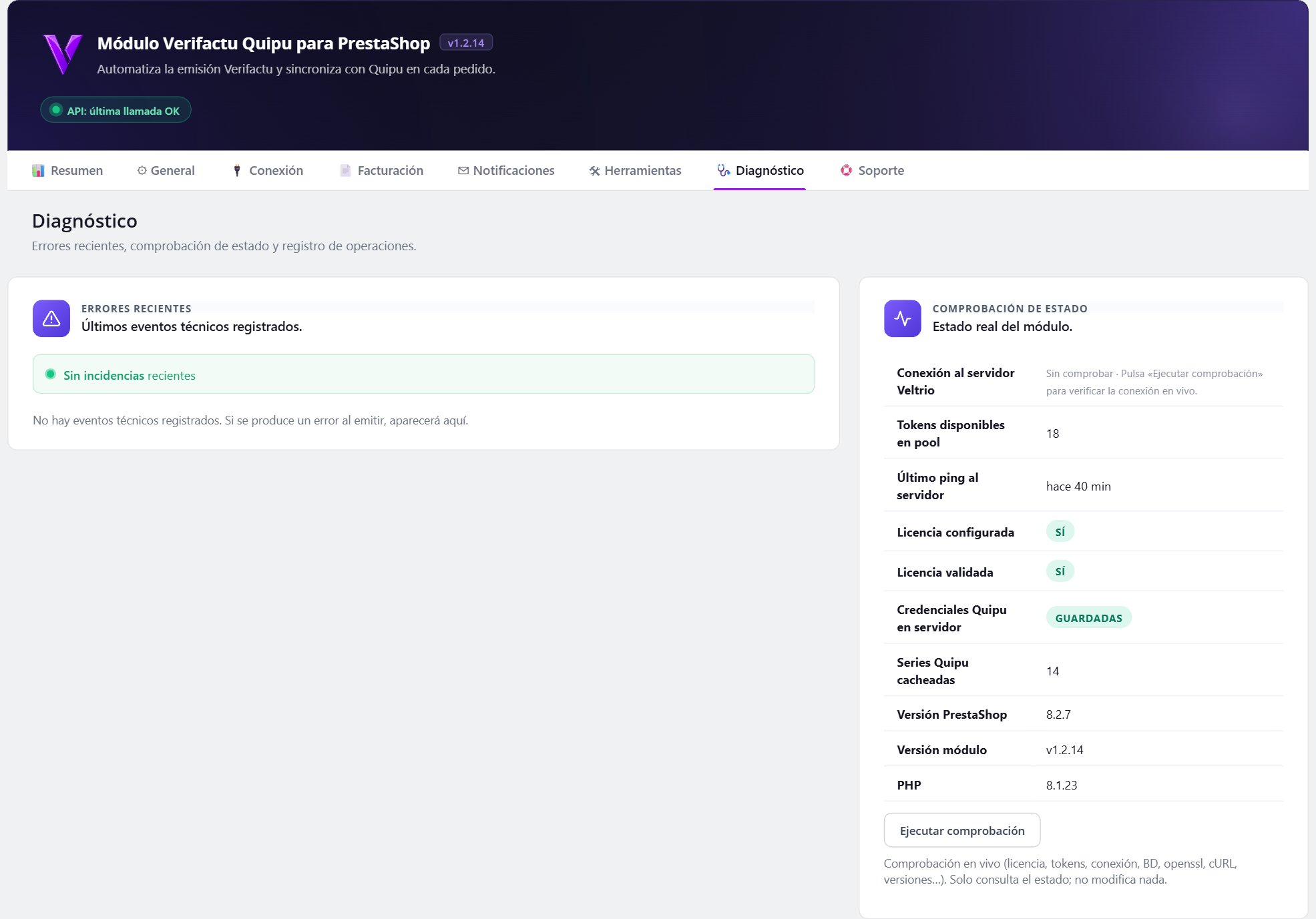 Tutorial del módulo Quipu para PrestaShop: instalación y uso paso a paso 8 Módulo Quipu PrestaShop — Pestaña Diagnóstico.