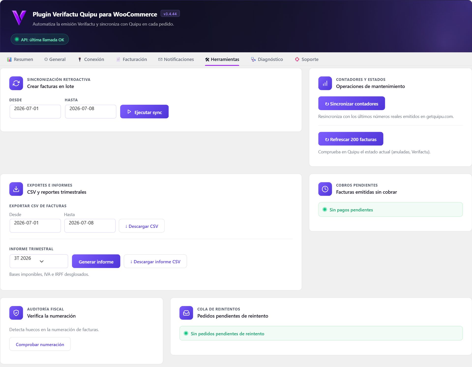 Tutorial del plugin Quipu para WooCommerce: instalación y uso paso a paso 7 Plugin Quipu WooCommerce — Pestaña Herramientas.