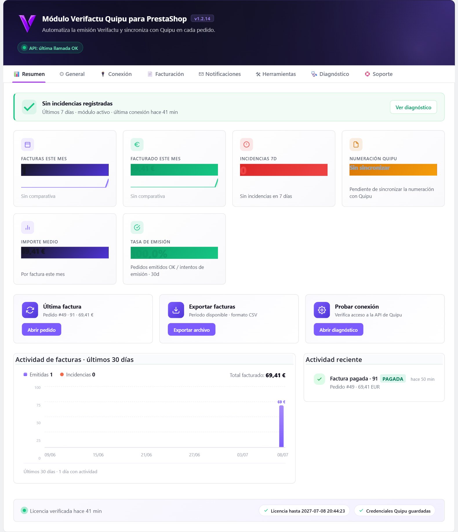 Tutorial del módulo Quipu para PrestaShop: instalación y uso paso a paso 2 Módulo Quipu PrestaShop — Panel de resumen del módulo.