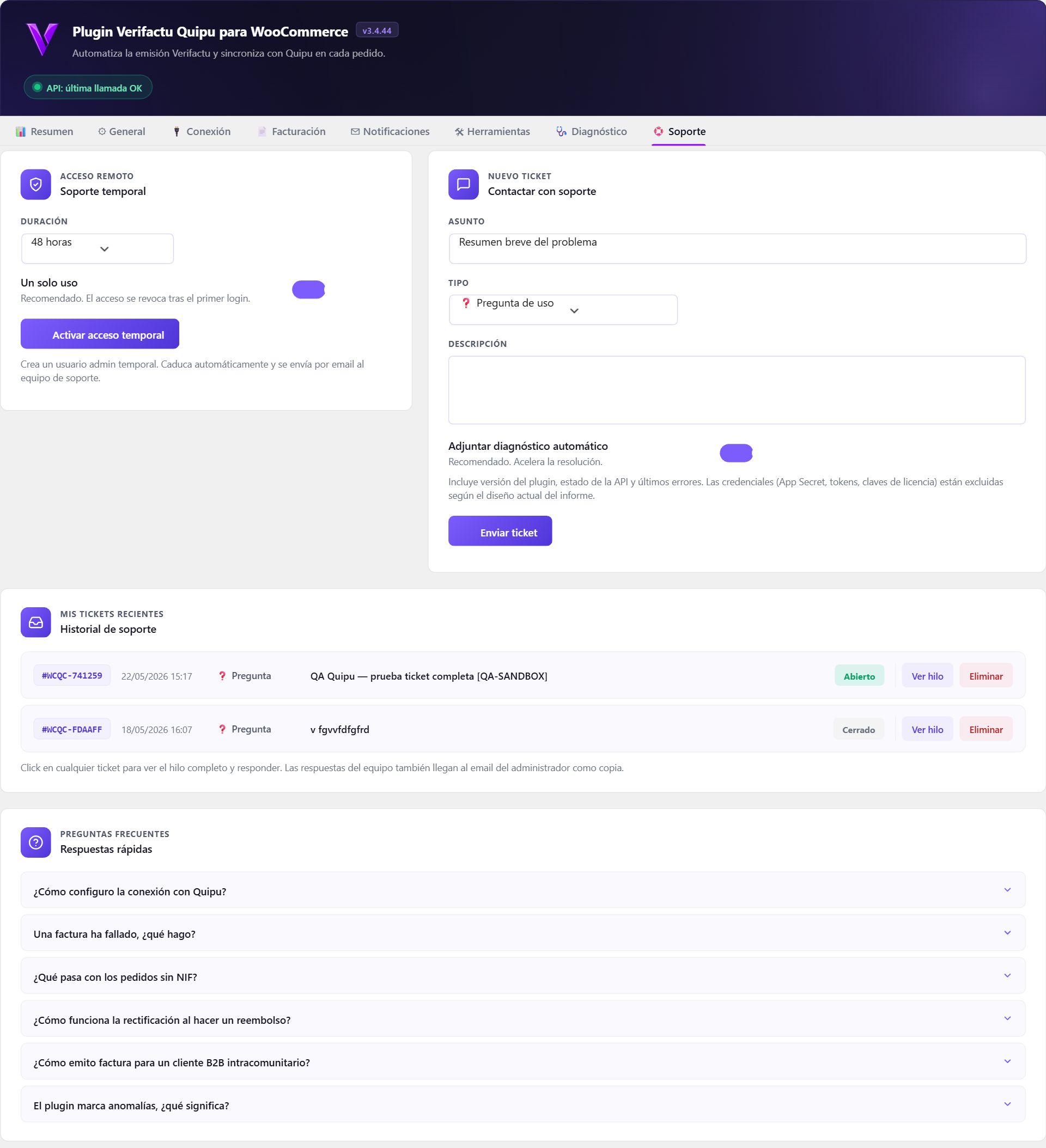 Tutorial del plugin Quipu para WooCommerce: instalación y uso paso a paso 9 Plugin Quipu WooCommerce — Pestaña Soporte.