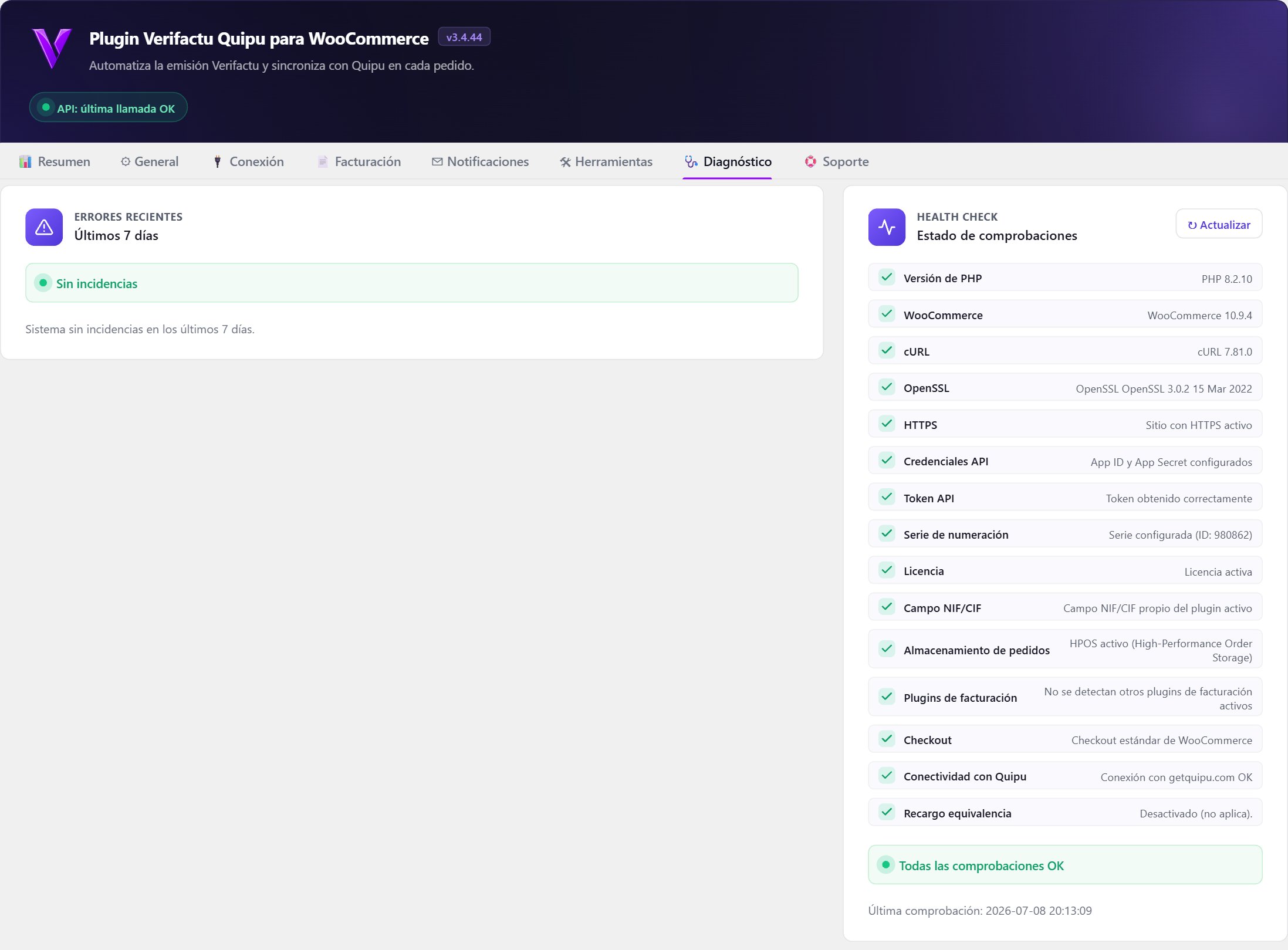 Plugin Quipu WooCommerce: pestaña Diagnóstico.